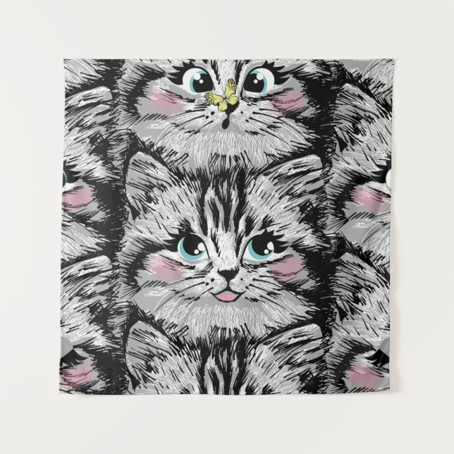 Cute furry kitten face seamless pattern. Illustrat Tapestry (Front)