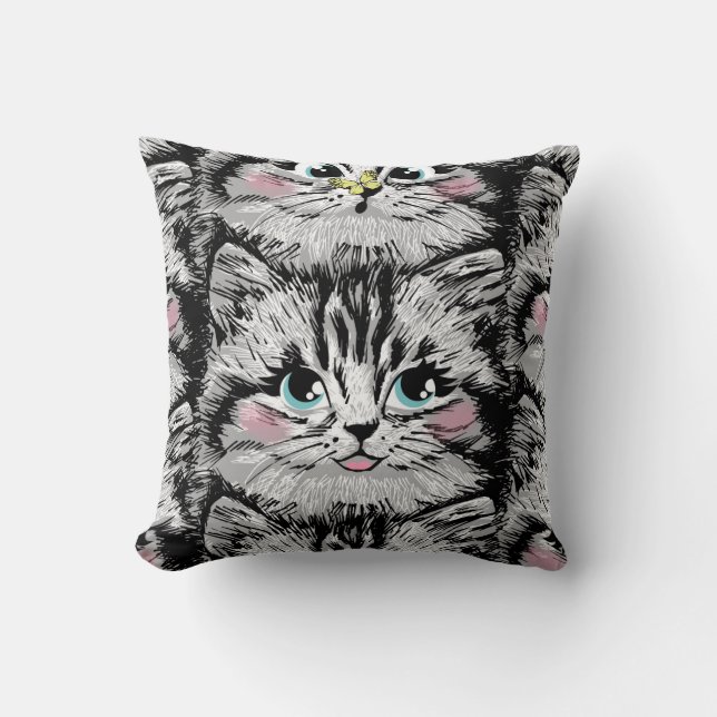 Cute furry kitten face seamless pattern. Illustrat Throw Pillow (Front)