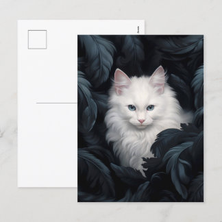 Cute Furry White Cat Sitting Among The Leaves Holiday Postcard