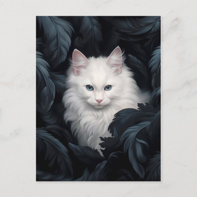 Cute Furry White Cat Sitting Among The Leaves Postcard (Front)