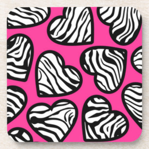 Cute fuschia pink black white zebra pattern heart coaster