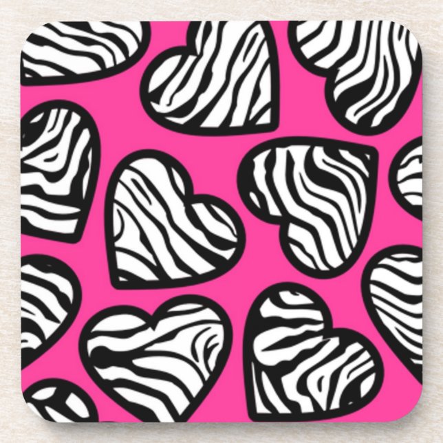 Cute fuschia pink black white zebra pattern heart  coaster (Front)
