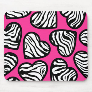 Cute fuschia pink black white zebra pattern heart mouse pad
