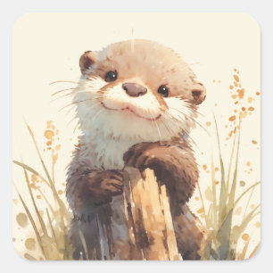 Cute Fuzzy Baby Otter Holding Wood Log in Water Square Sticker
