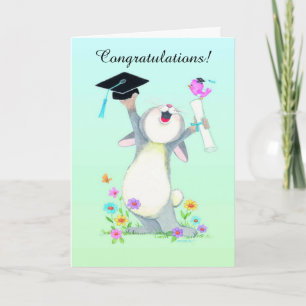 Cute fuzzy bunny cap graduation customizable card