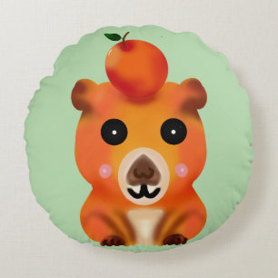 Cute Fuzzy Capybara with Orange Kawaii Animal Ar Round Pillow
