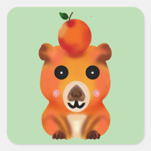 Cute Fuzzy Capybara with Orange   Kawaii Animal Ar Square Sticker