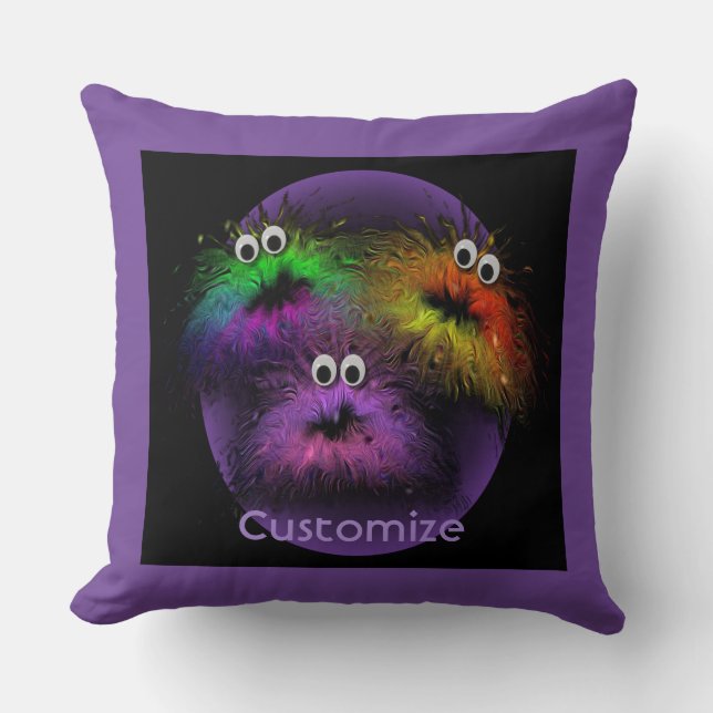 Cute Fuzzy Rainbow Critters Purple Throw Pillow (Front)