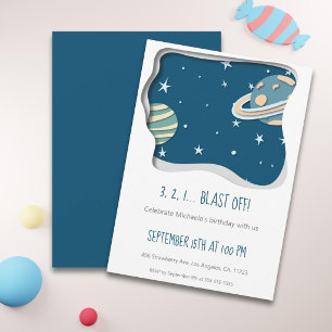 Cute Galaxy with Planets First Birthday Invitation