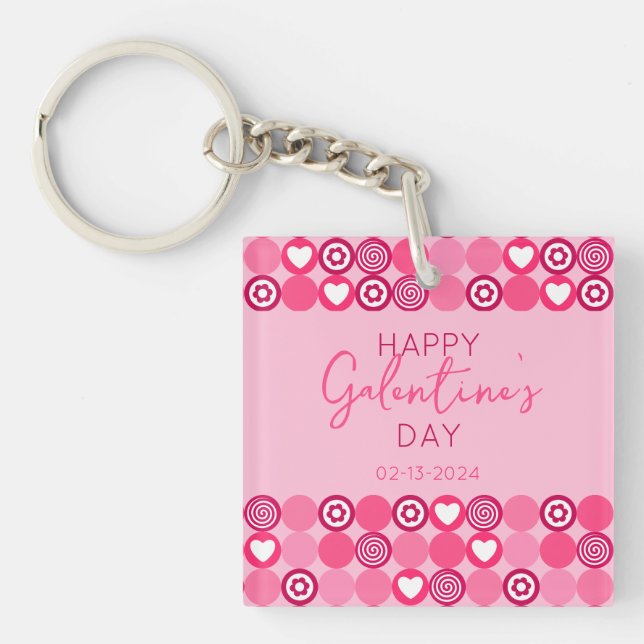 Cute Galentine’s Day Pink Heart and Flower Pattern Keychain (Front)