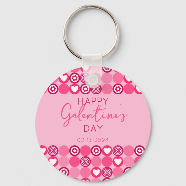 Cute Galentine’s Day Pink Heart and Flower Pattern Keychain (Front)