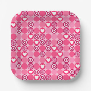 Cute Galentine’s Day Pink Heart and Flower Pattern Paper Plate