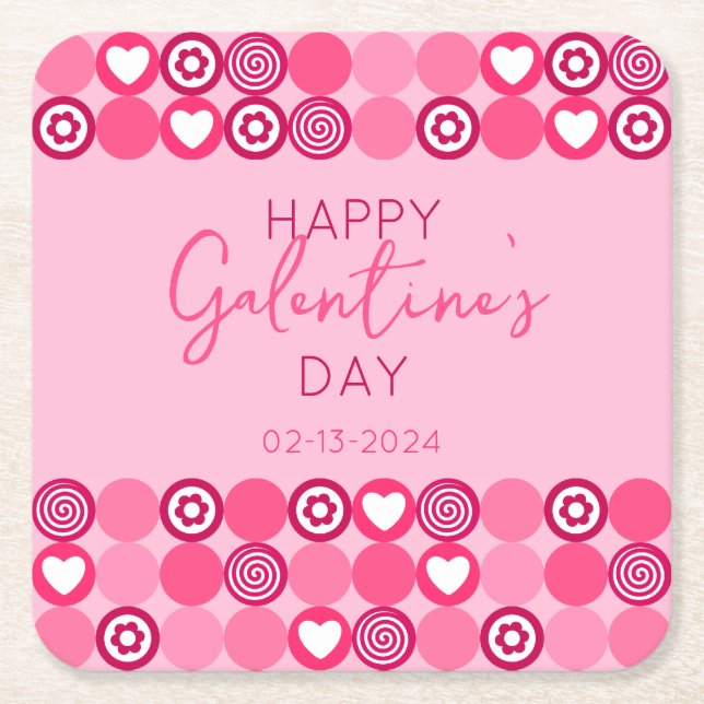 Cute Galentine’s Day Pink Heart and Flower Pattern Square Paper Coaster (Front)