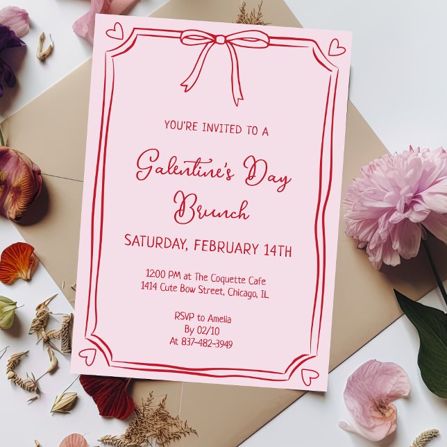 Cute Galentine's Day Brunch Pink & Red Bow Hearts Invitation (Creator Uploaded)