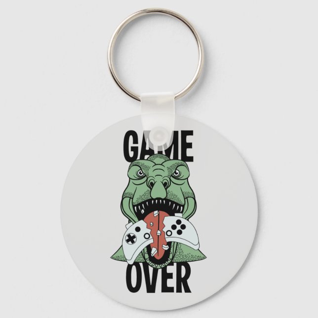 Cute Game Over T-Rex Dinosaur Video Gamers' Keychain (Front)