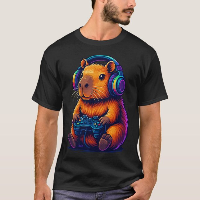 Cute Gamer Capybara — with Headset & Controller T-Shirt (Front)
