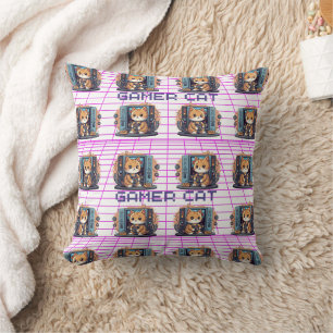 Cute Gamer Cat Blue Print Throw Pillow