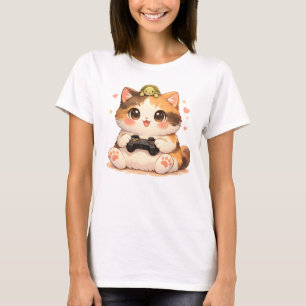 Cute Gamer Cat with Turtle Kawaii Gaming Kitty  T-Shirt