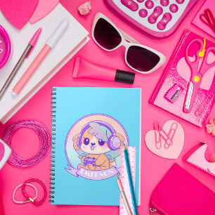 Cute Gamer Girl Kawaii Dog With Wings in Baby Blue Notebook