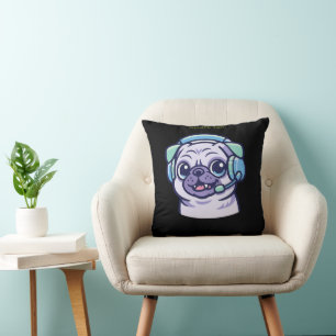 Cute Gamer Pug Acid Green Black Gaming Room  Throw Pillow