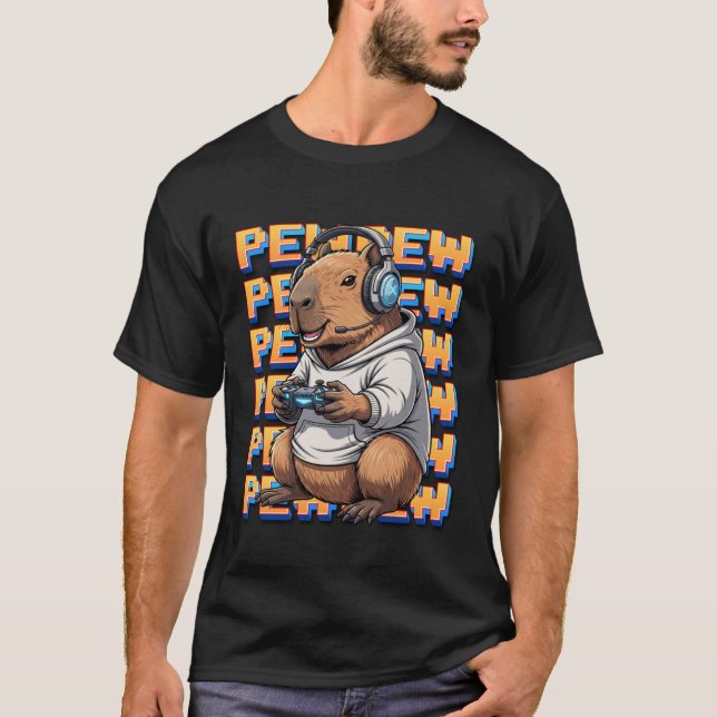 Cute Gaming Capybara Pew Video Game Design T-Shirt (Front)
