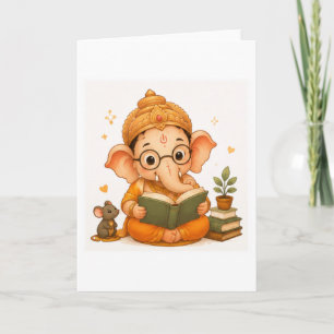 Cute Ganesha Reading Book Ganesh Chaturthi Card