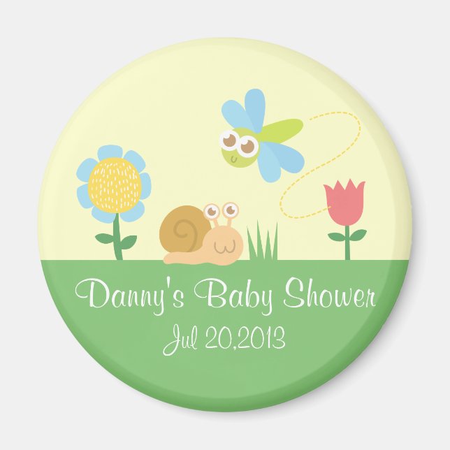 Cute Garden Dragonfly and Snail Baby Shower Favour Magnet (Front)