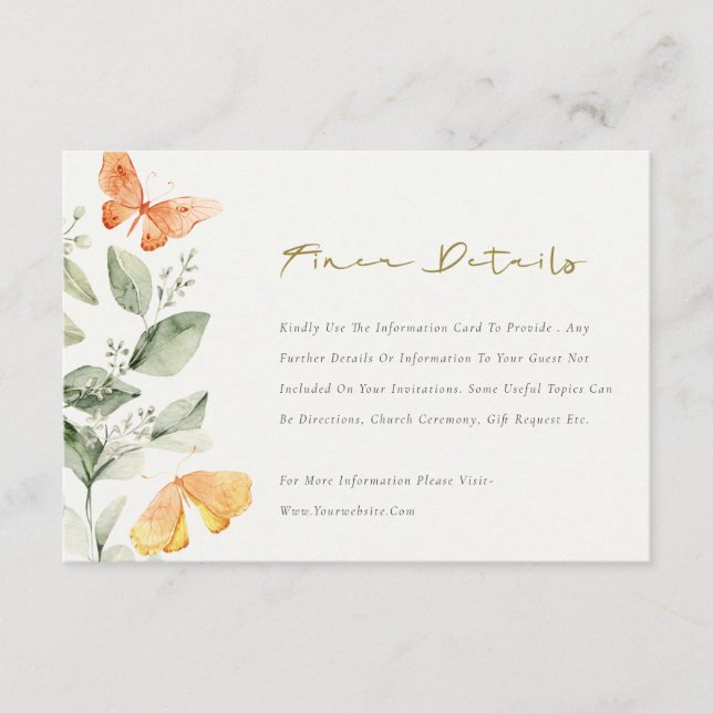 Cute Garden Foliage Butterflies Wedding Details Enclosure Card (Front)