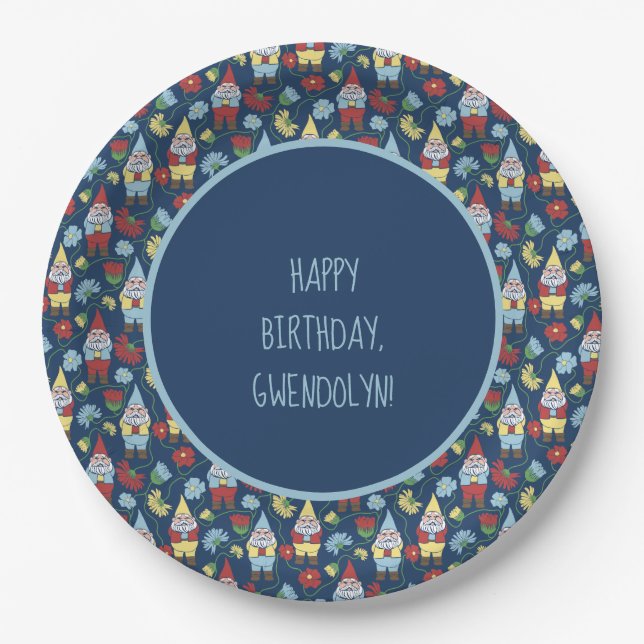 Cute Garden Gnomes and Flowers Personalized Paper Plate (Front)