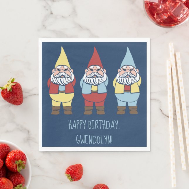 Cute Garden Gnomes Custom Message Party Napkin (Insitu)