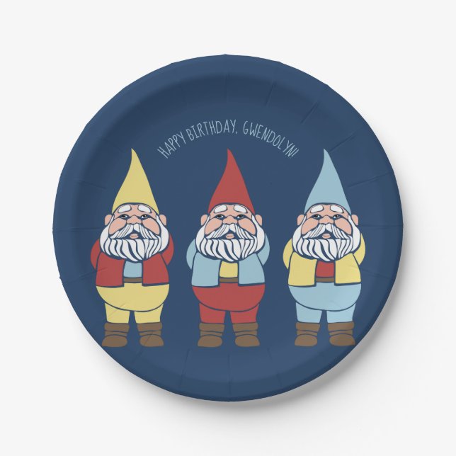 Cute Garden Gnomes Custom Message Party Paper Plate (Front)