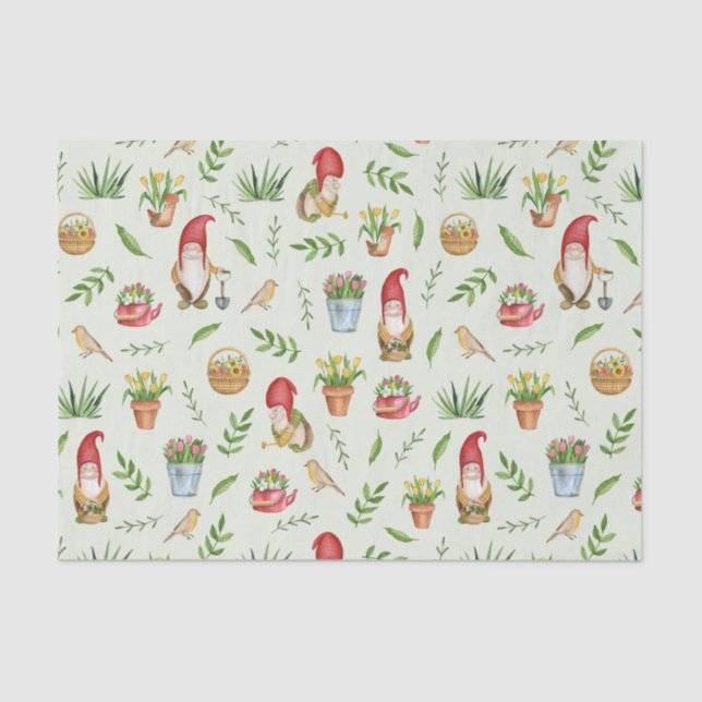 Cute Garden Gnomes, Flowers and Birds   Tissue Paper (Front)