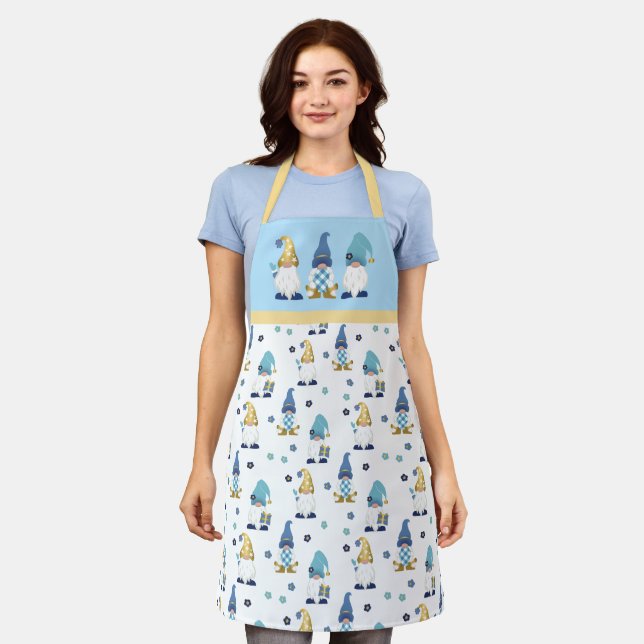 Cute Garden Gnomes Gold Blue Gingham Apron (Worn)