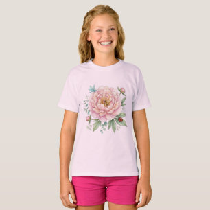Cute Garden Insects Peony Watercolor Art T-Shirt