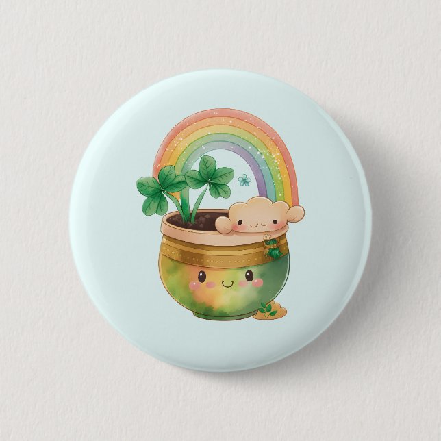 Cute Garden Planter with Rainbow & Clover 2 Inch Round Button (Front)