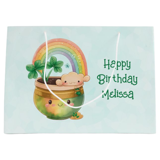 Cute Garden Planter with Rainbow & Clover Birthday Large Gift Bag (Front)