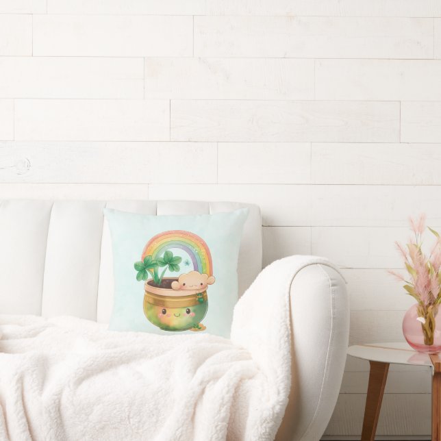 Cute Garden Planter with Rainbow & Clover Throw Pillow (Couch)