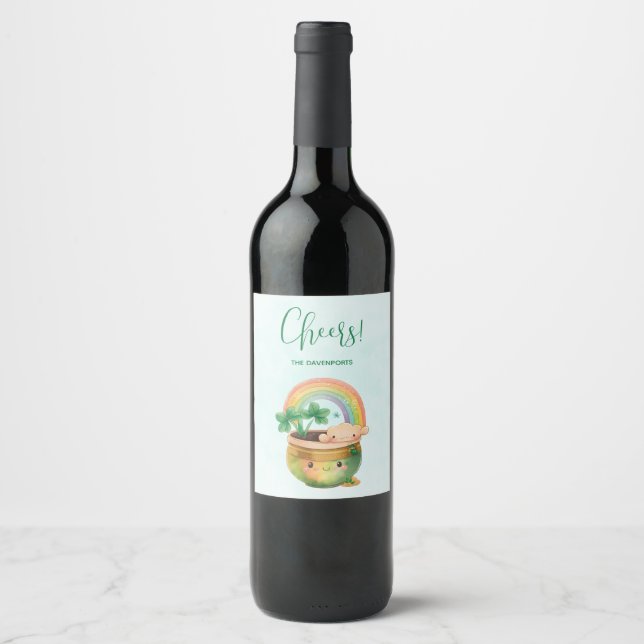 Cute Garden Planter with Rainbow & Clover Wine Label (Front)