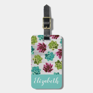 Cute Garden Succulents & Rustic Wood Planks Luggage Tag