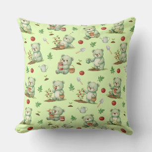 Cute Gardener Bear and Tomato Garden Seamless Patt Throw Pillow