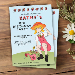 Cute Gardening Girl with Flowers Birthday  Invitation
