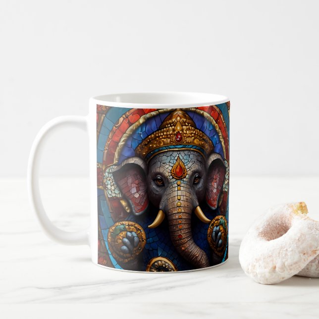 Cute Garnesh God Blue Mosaic Stained Glass  Coffee Mug (With Donut)