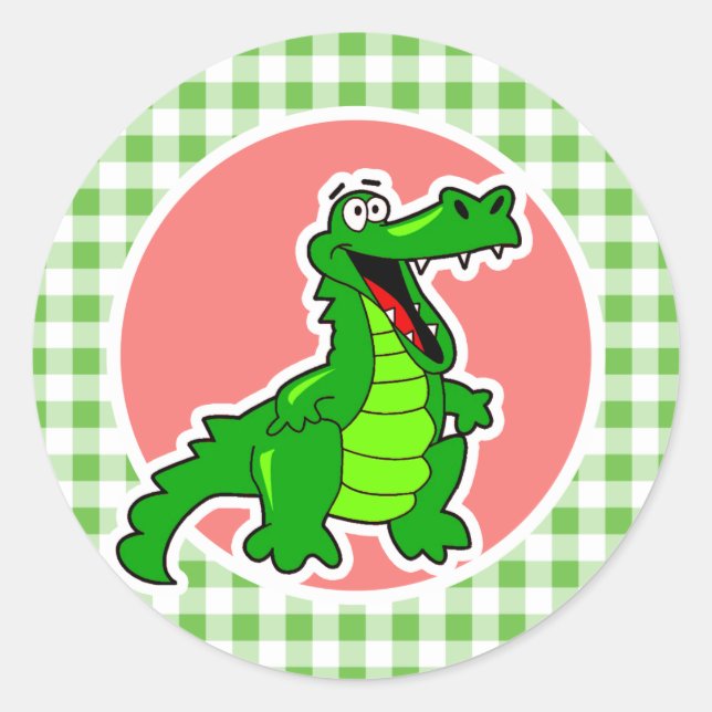 Cute Gator; Green Gingham Classic Round Sticker (Front)
