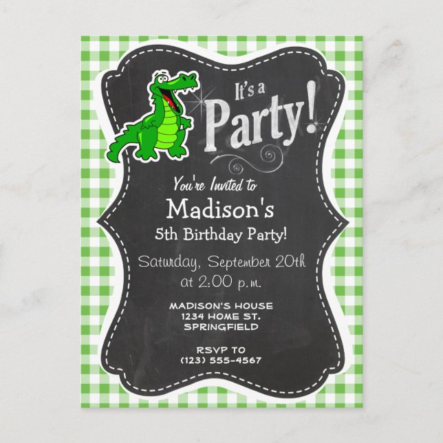 Cute Gator; Green Gingham Invitation Postcard (Front)