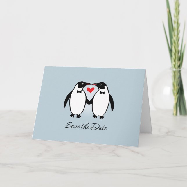 Cute Gay Penguins Wedding Save The Date Announcement (Front)