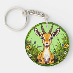 Cute Gazelle in a Floral Grassland Scene Keychain