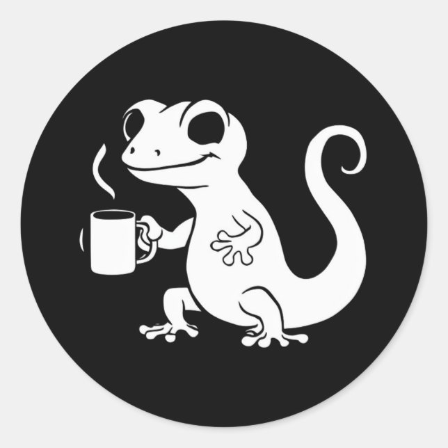 cute gecko holding a coffee mug classic round sticker (Front)