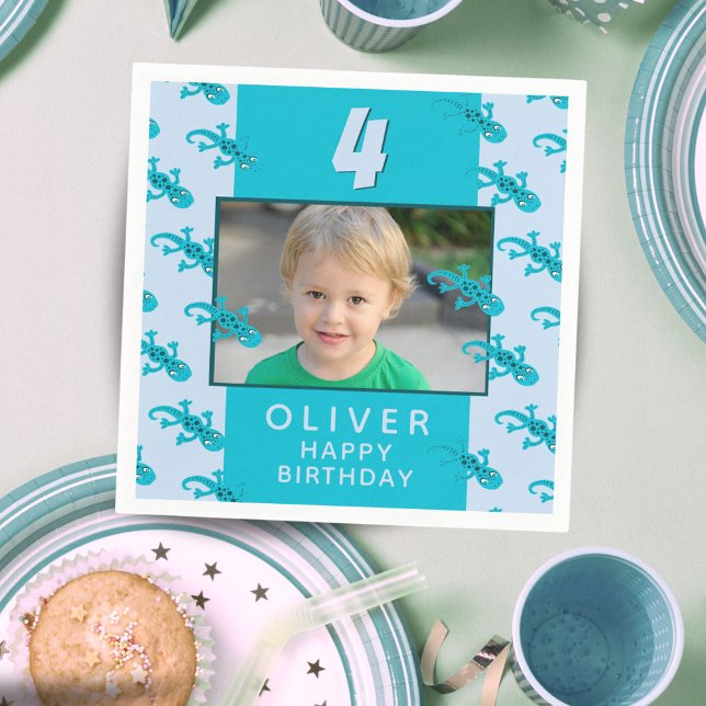 Cute Gecko Lizard Kid`s Birthday Party Photo Napkin (Creator Uploaded)