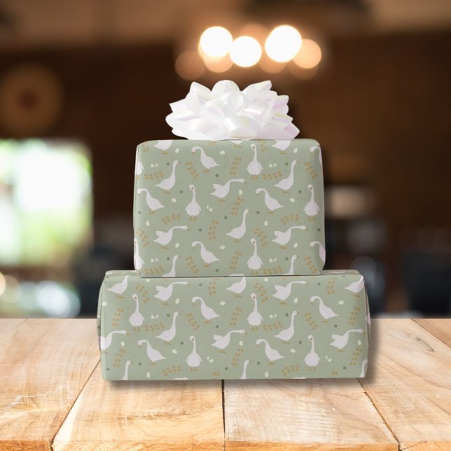 Cute Geese and Footprint Pattern on Sage Green Wrapping Paper (Creator Uploaded)