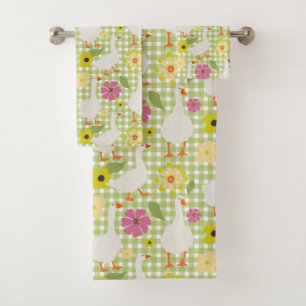 Cute Geese With Hand Drawn Flowers - Green Check Bath Towel Set